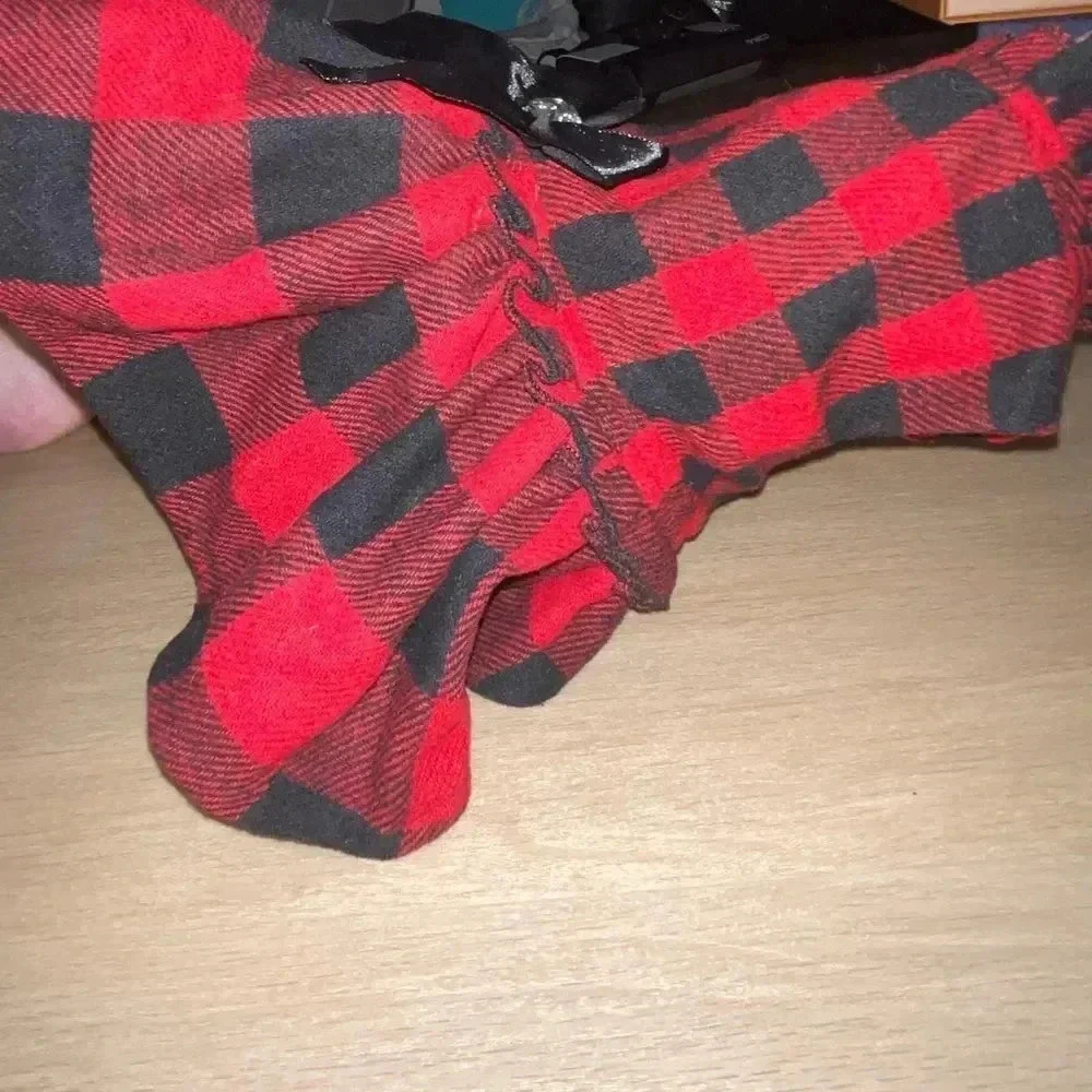 HOLIDAY DOG DRESS BUFFALO PLAID RUFFLE HEM  W BIG BOW & GEMSTONE FOR SMALL DOG